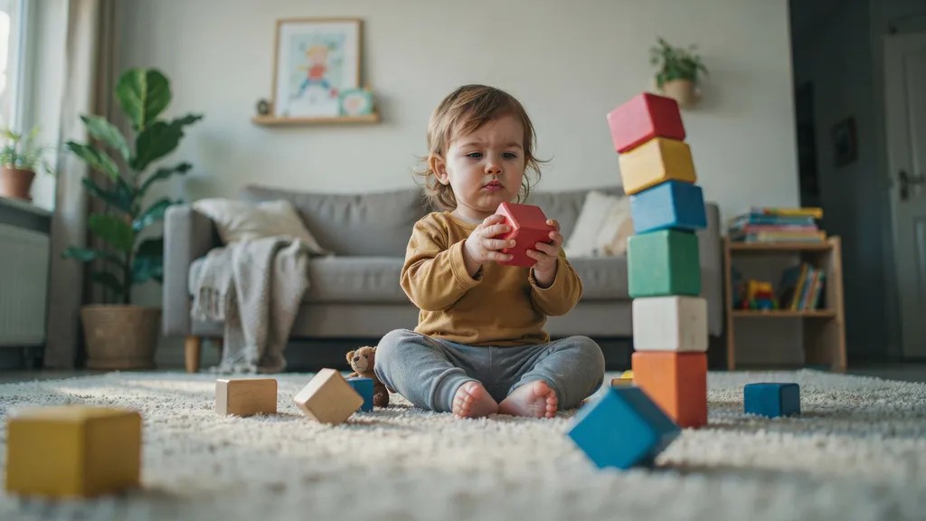 Toddler stacking blocks while developing coordination skills.