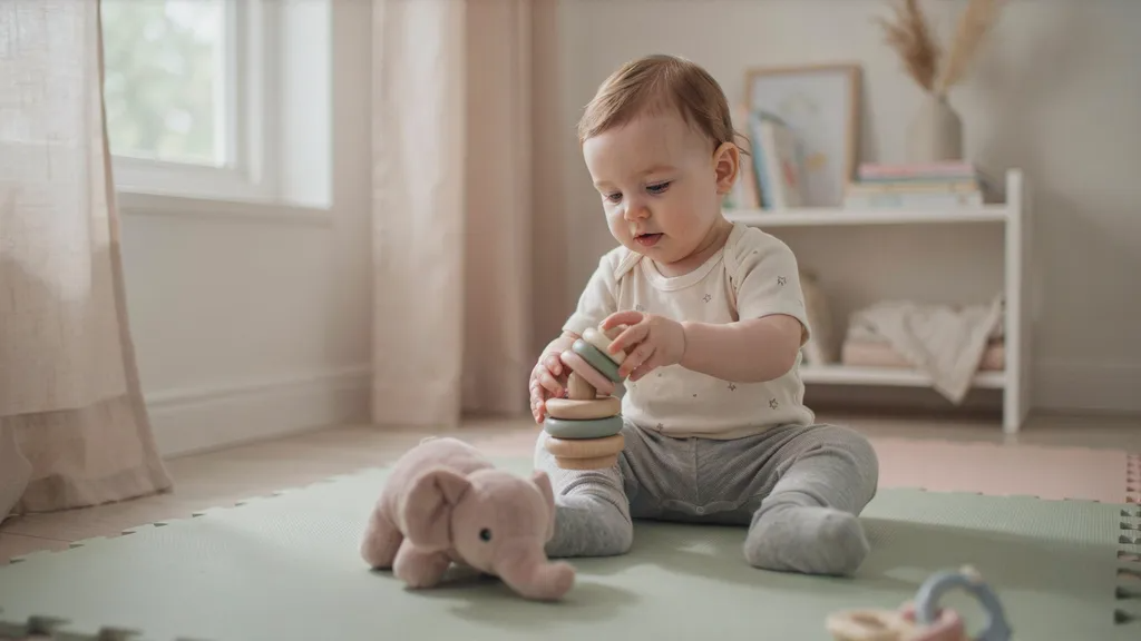 Baby seeing toys after learning to grab, showing early fine motor development and hand coordination.