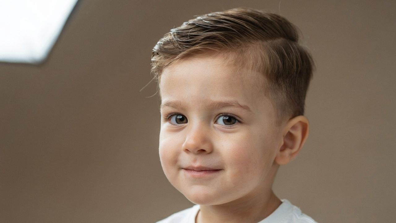Toddler boy with a mini Ivy League haircut.