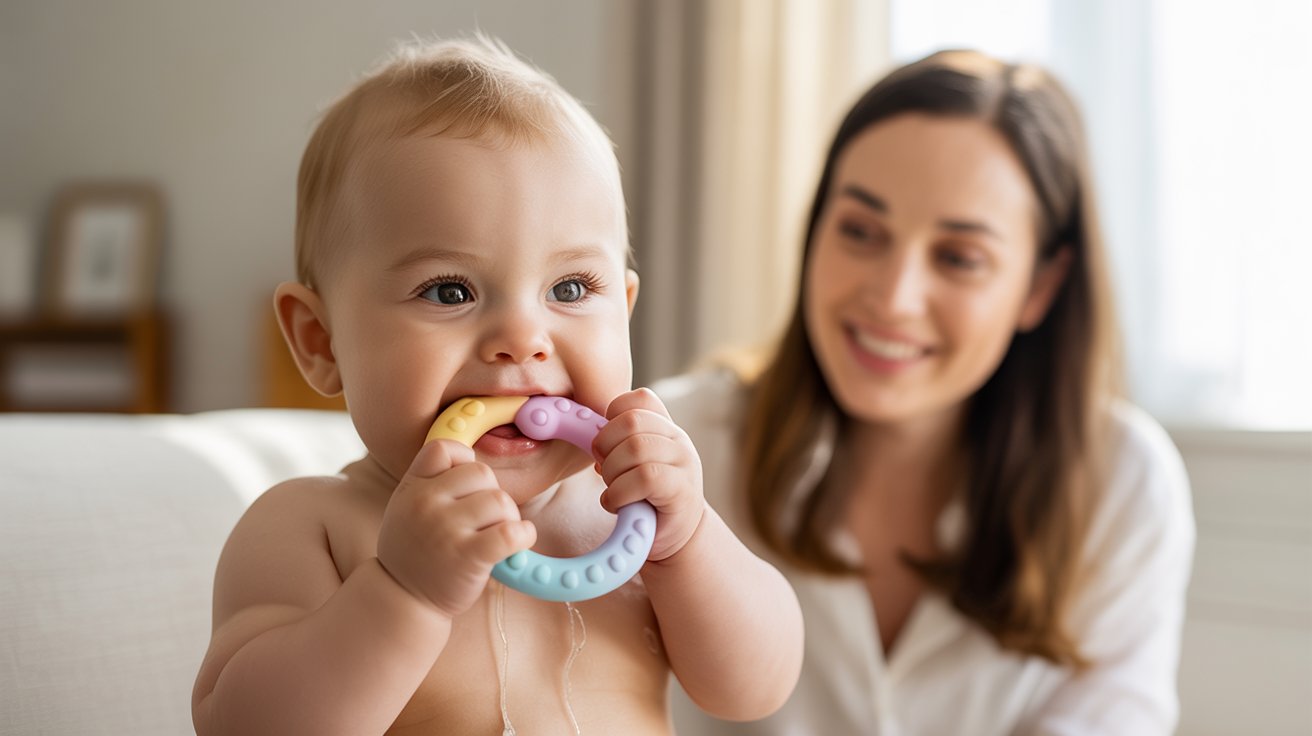 Baby showing common teething symptoms while chewing a teether.
