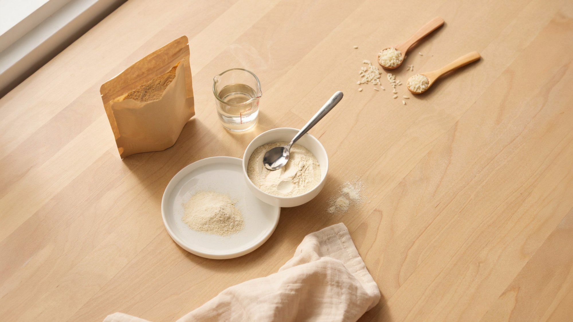 Baby rice cereal ingredients and preparation setup for safe feeding.