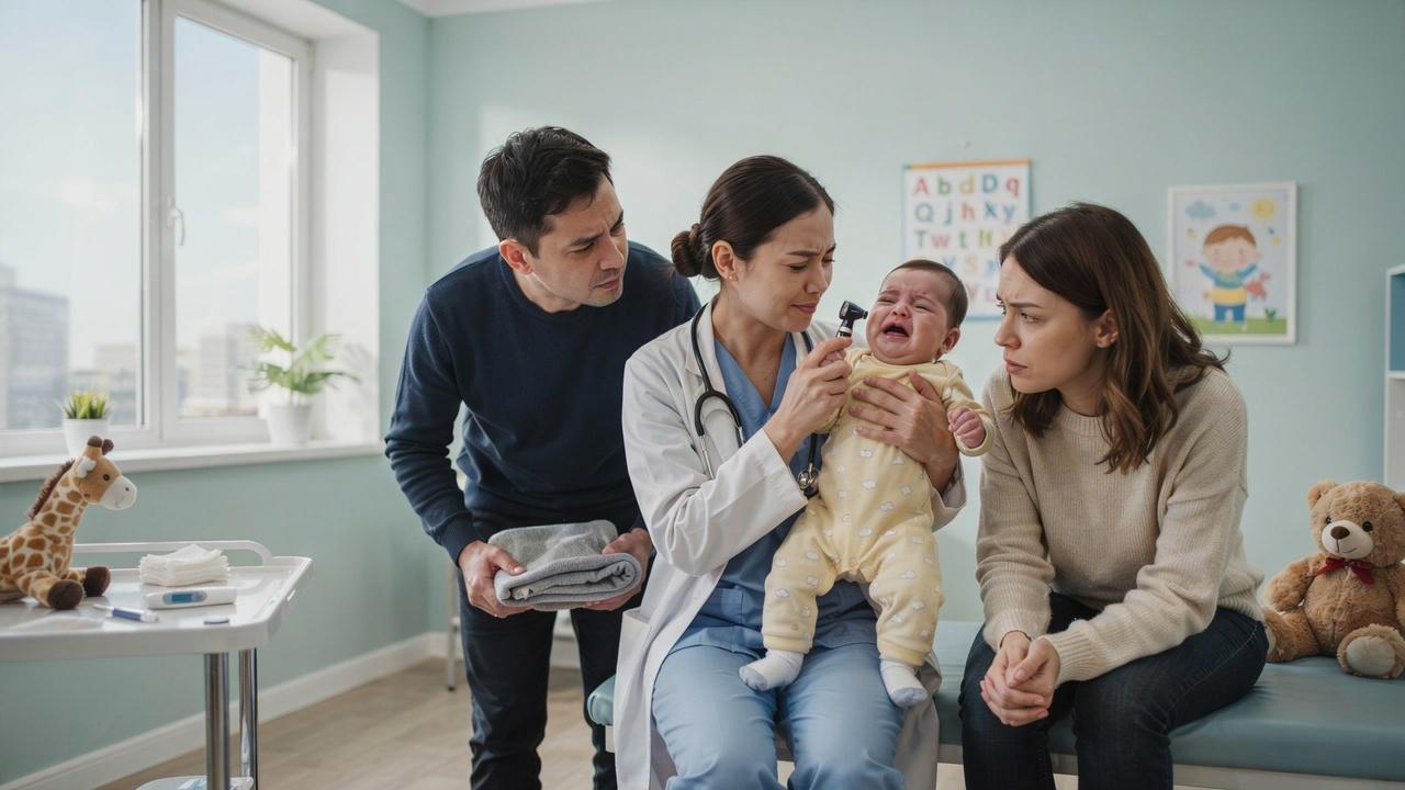 Pediatrician examining a crying baby during a medical checkup.