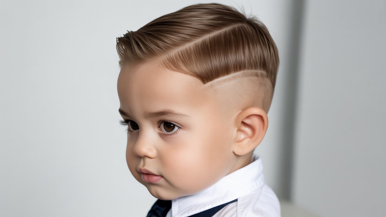 Toddler boy with fade and side part hairstyle.