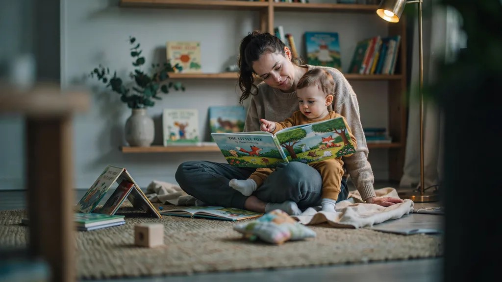 Parent reading a picture book with a toddler during bonding time.