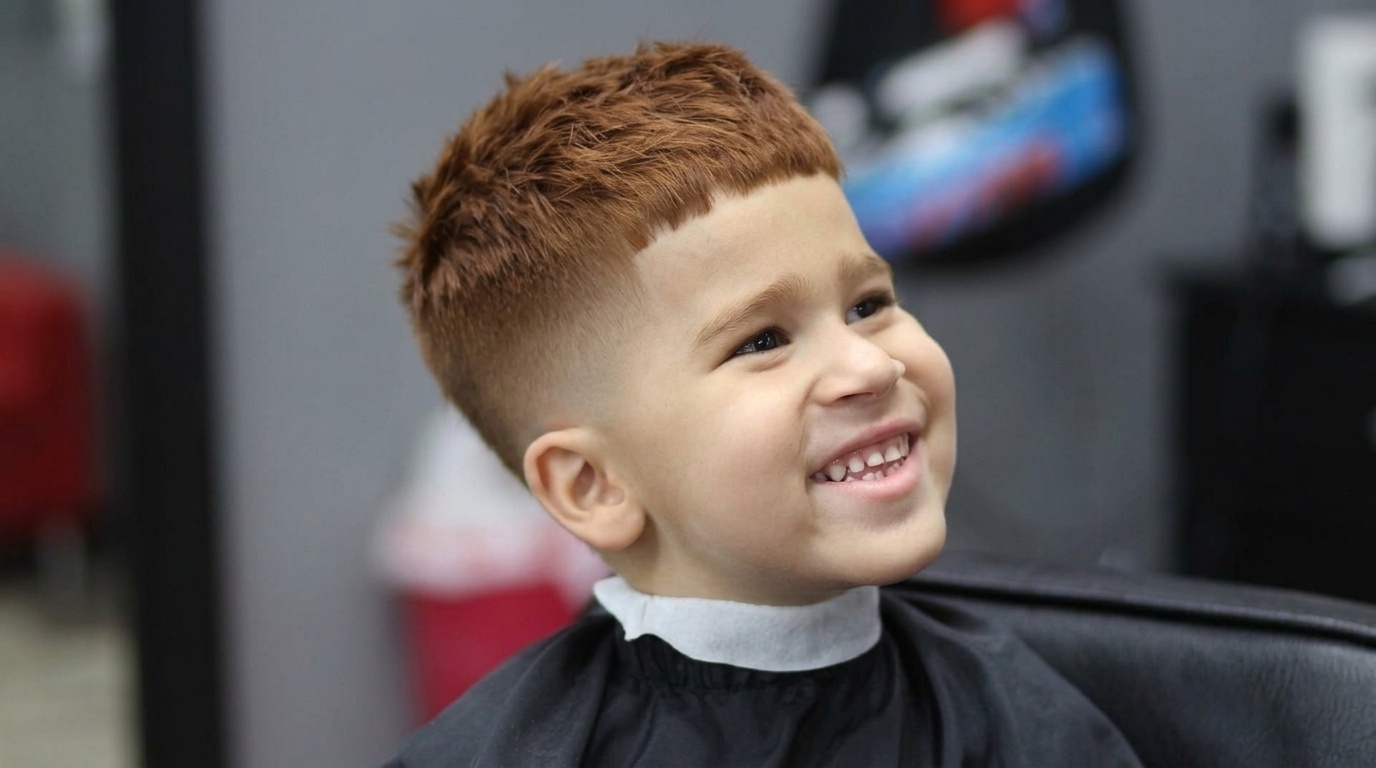 Toddler boy with a French crop hairstyle.