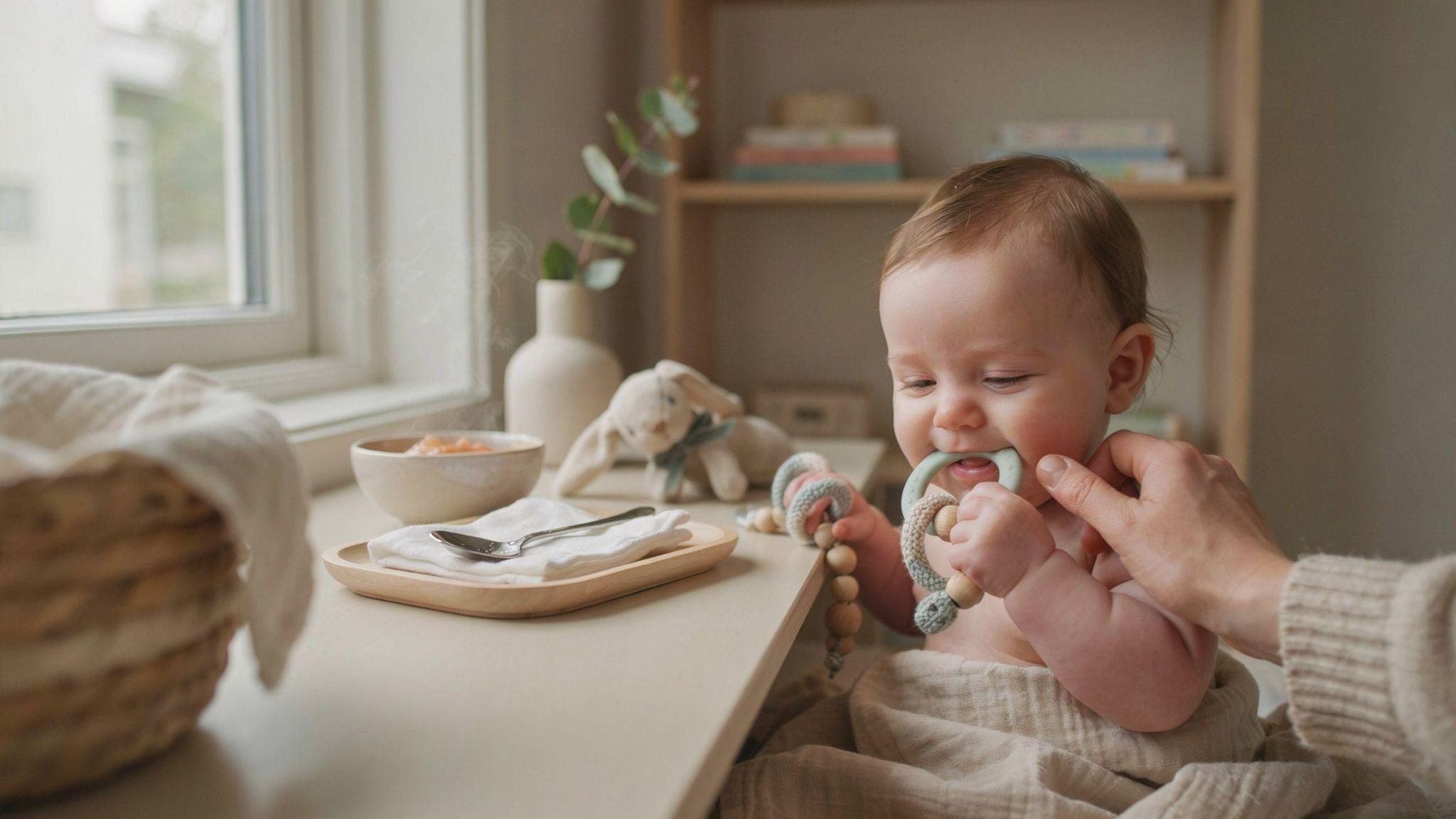 Baby using chilled teething ring while parent gently massages gums in cozy bright nursery setting.