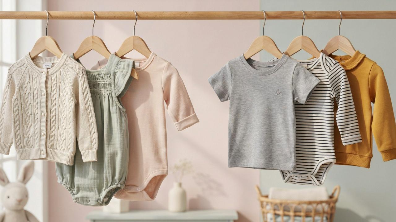 European and US baby clothing displayed for size comparison.