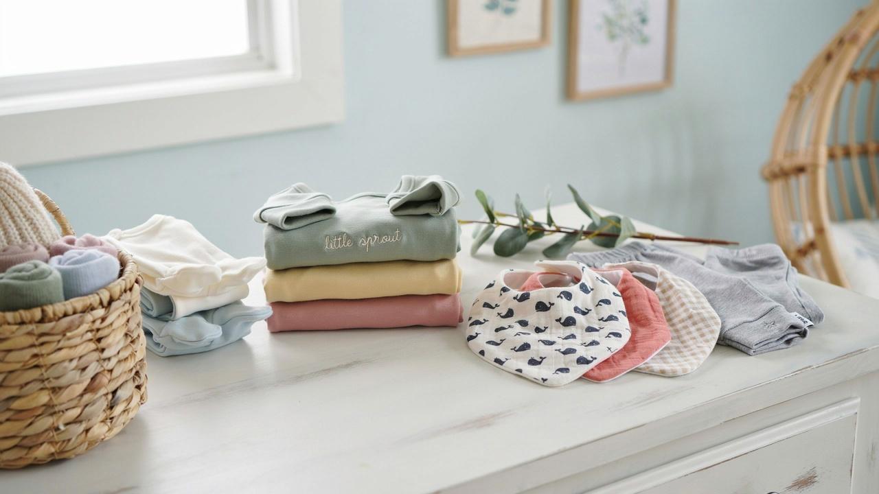 Clothing for babies aged 3 to 6 months organized in a nursery.