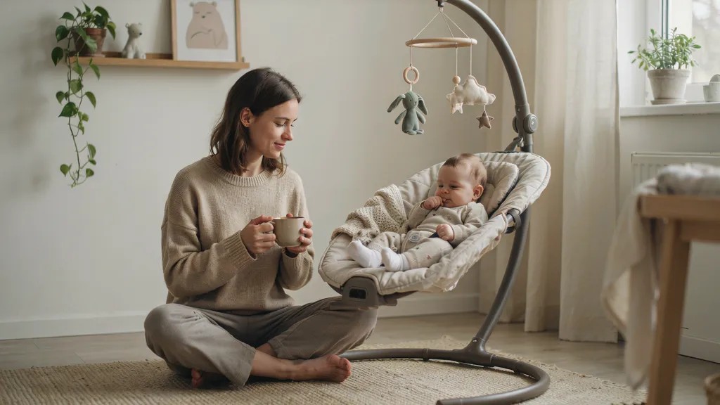 Parent watching a baby relax comfortably in a soothing baby swing.