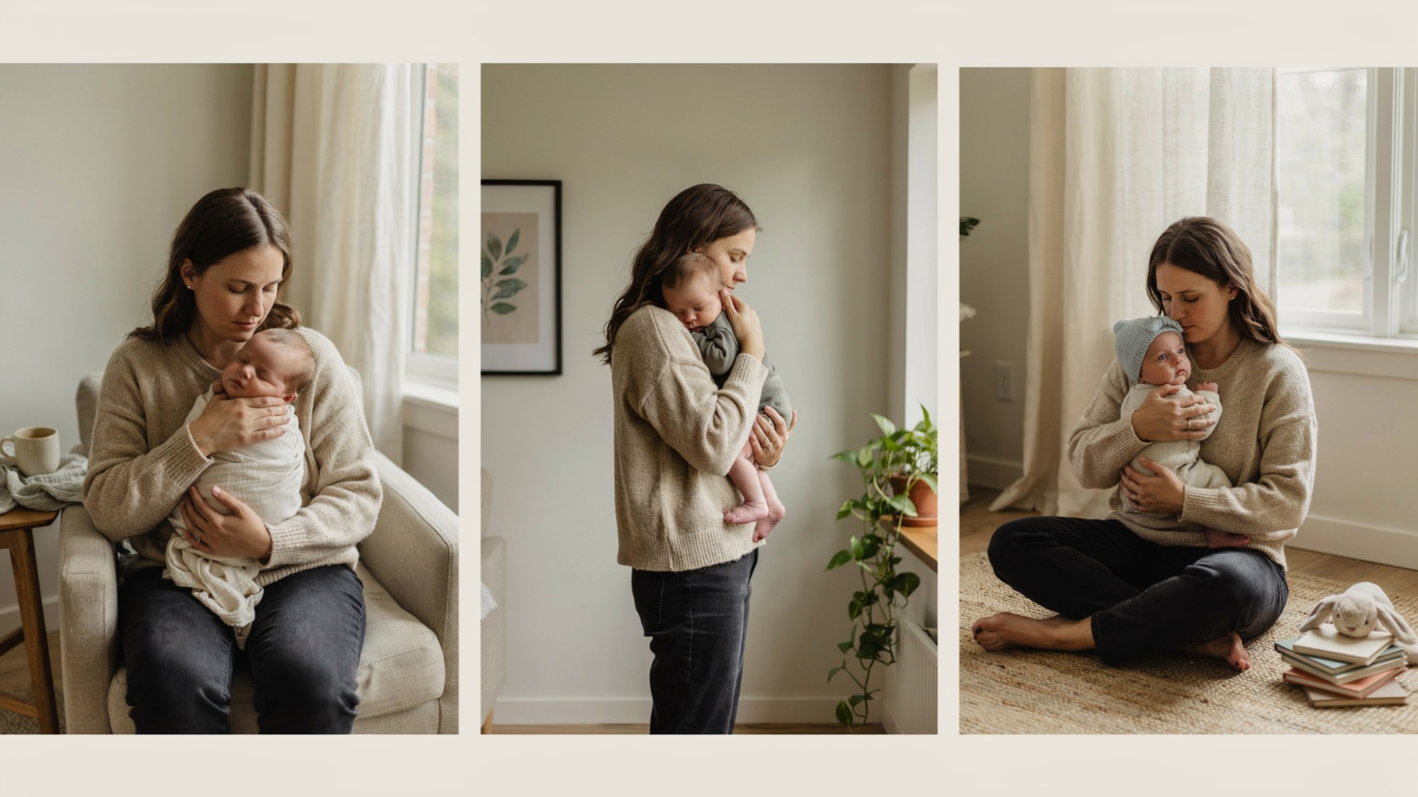 Parent safely holding a newborn in different positions to show learning and bonding.