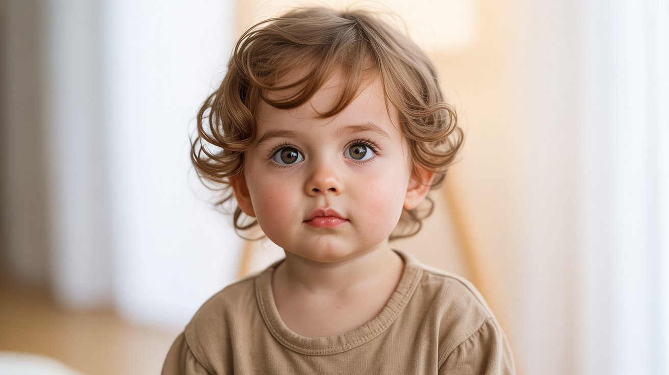 Toddler boy with curly side sweep hairstyle.