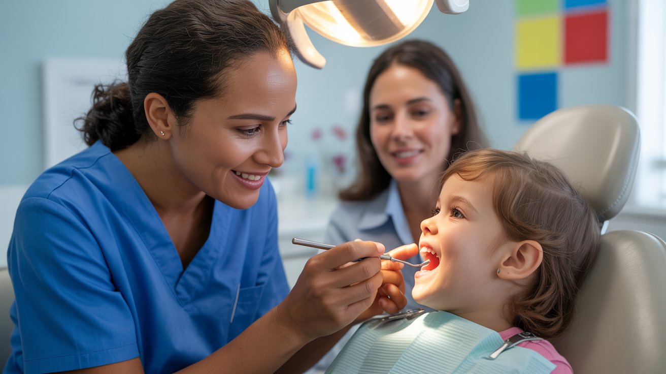 Child receiving a routine dental checkup to monitor healthy molar development.