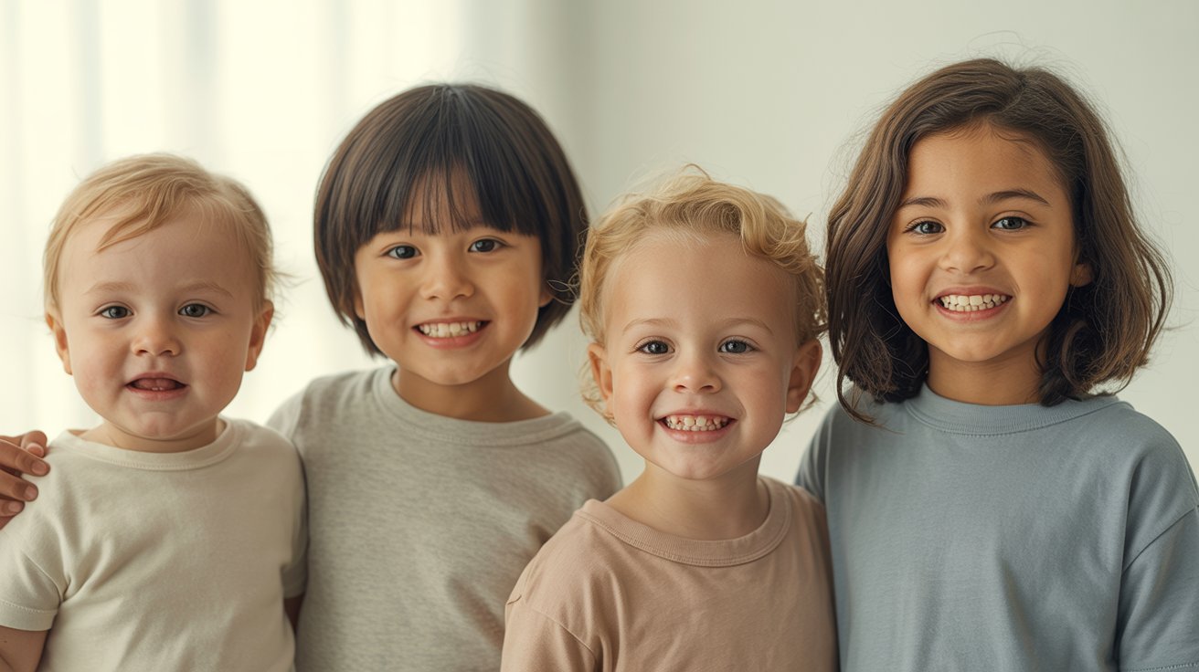 Children of different ages representing the typical stages of molar eruption.