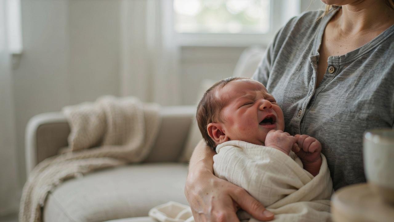 Parent holding a crying newborn while trying to comfort them.
