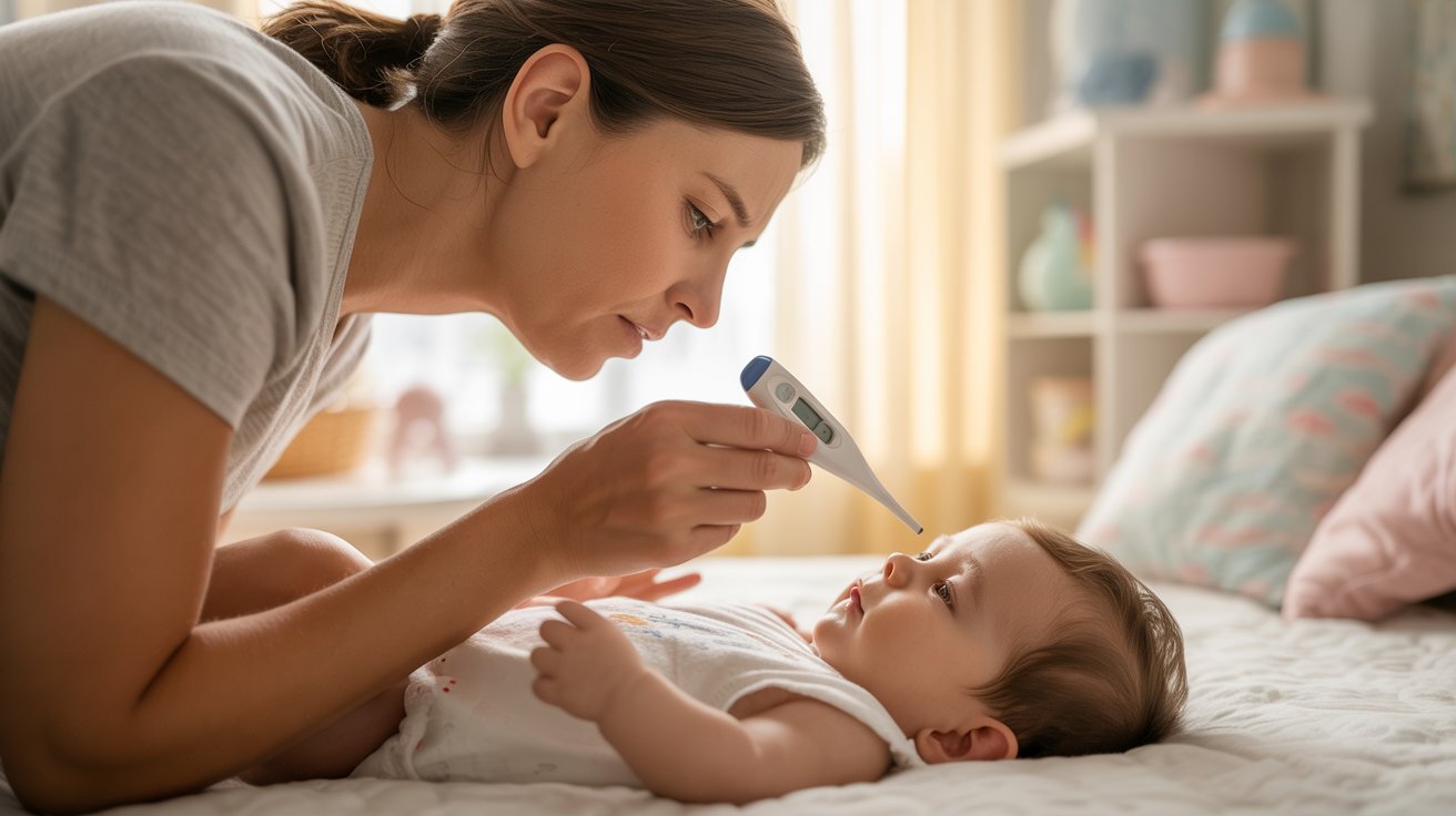 Parent checking a baby's temperature while monitoring symptoms.