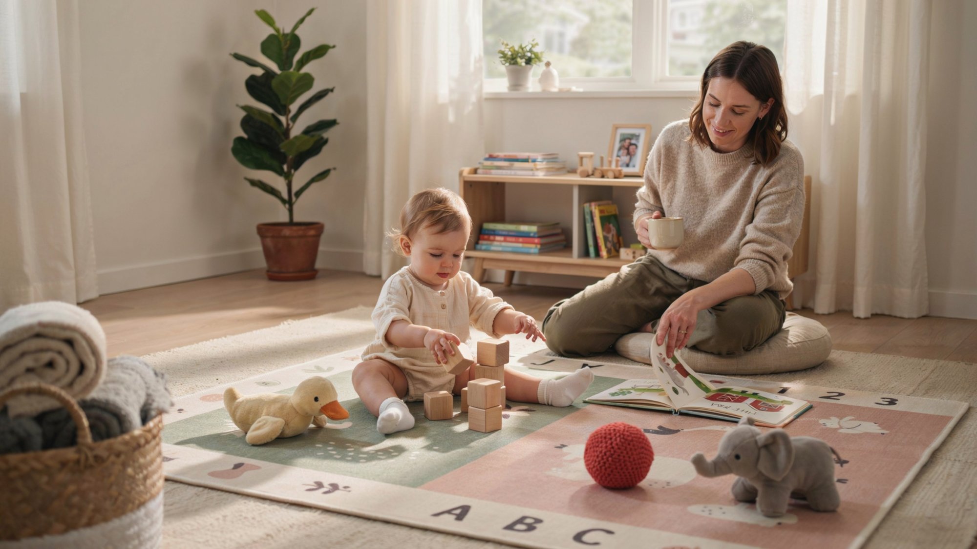 Toddler surrounded by multiple items and developing coordination skills.