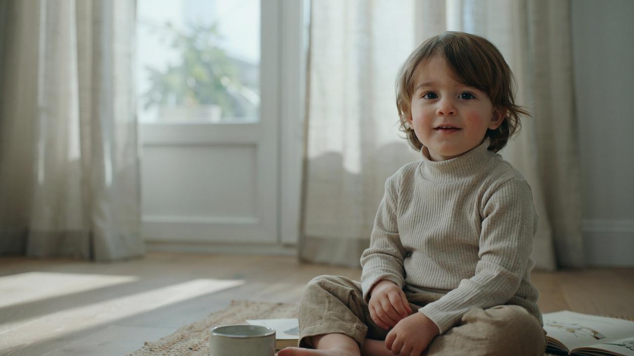 Toddler boy with curtain bangs hairstyle.