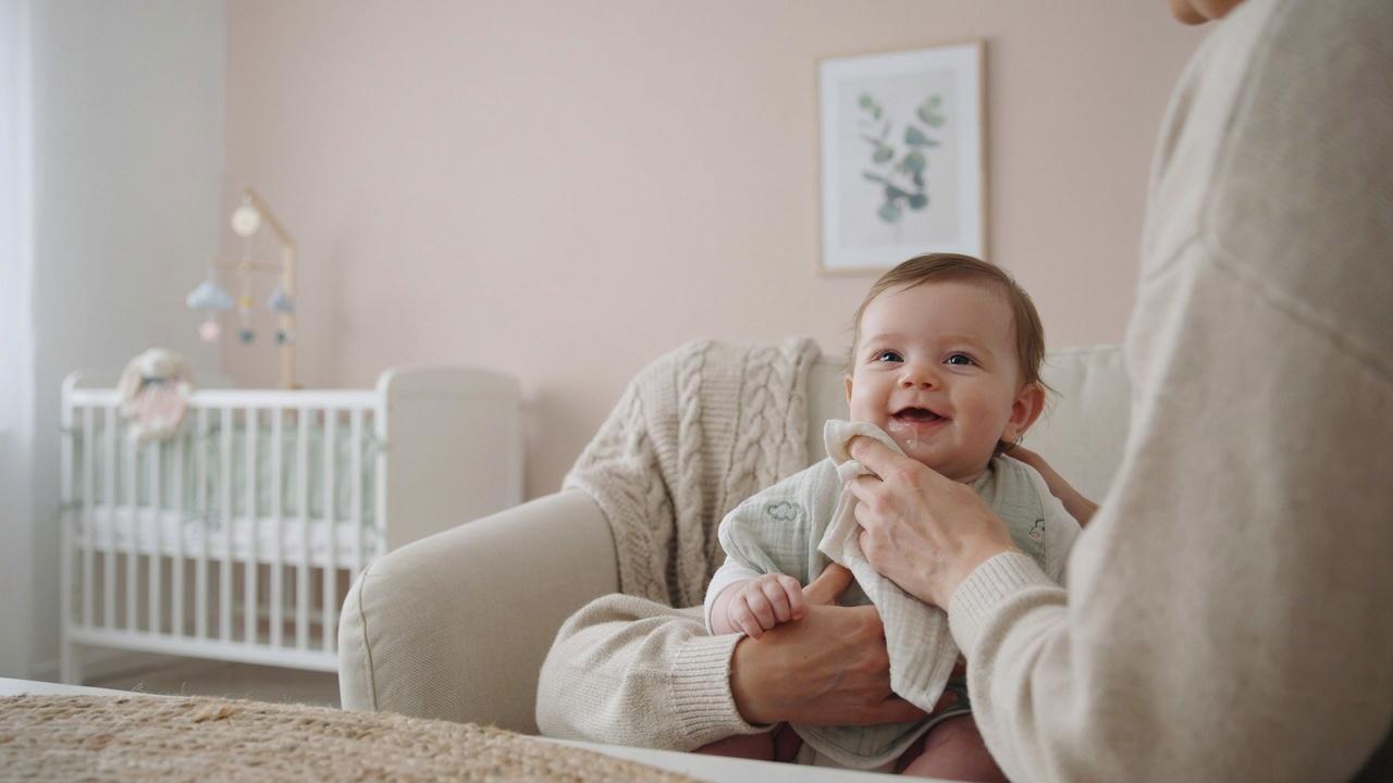 Parent gently wiping drool from a smiling baby wearing a bib in a nursery.
