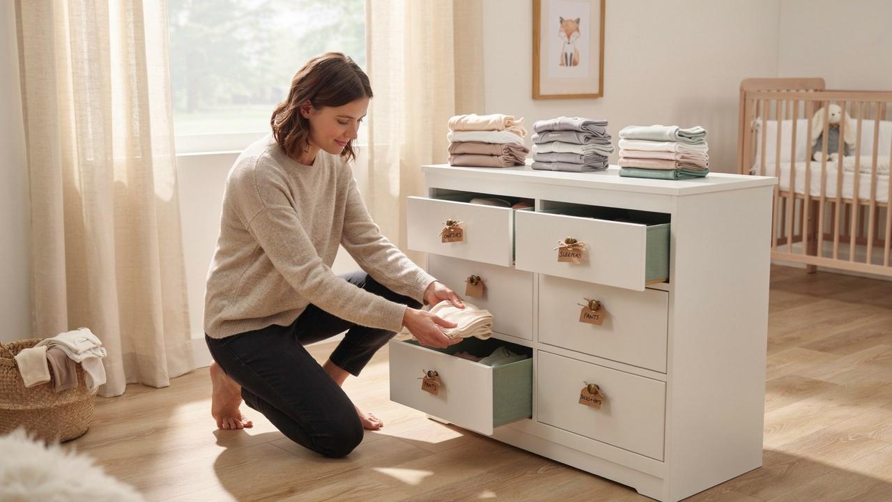 Organized baby clothes neatly folded inside nursery drawers.