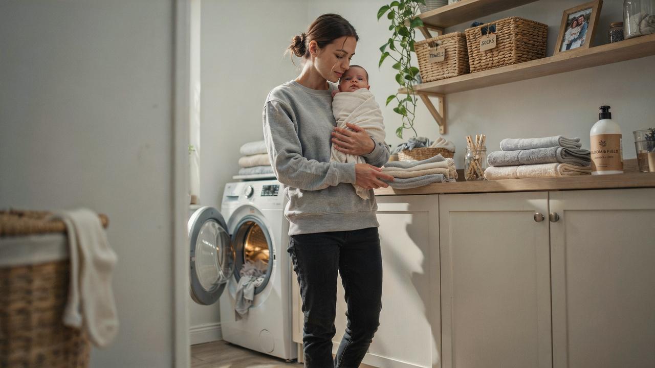 Parent folding baby clothes after laundry.