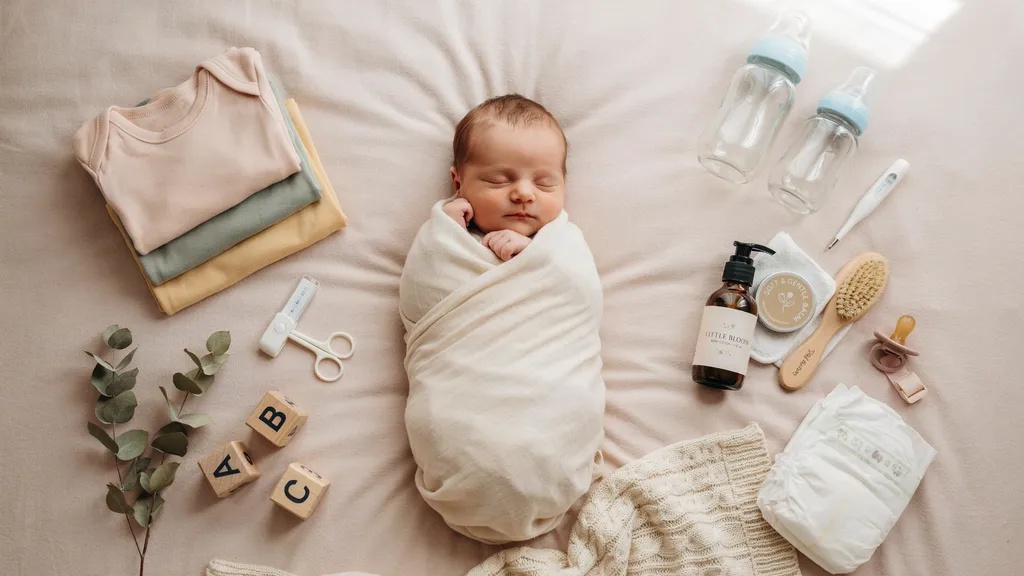 Newborn baby essentials including clothing, feeding, diapering, and care items for new parents.