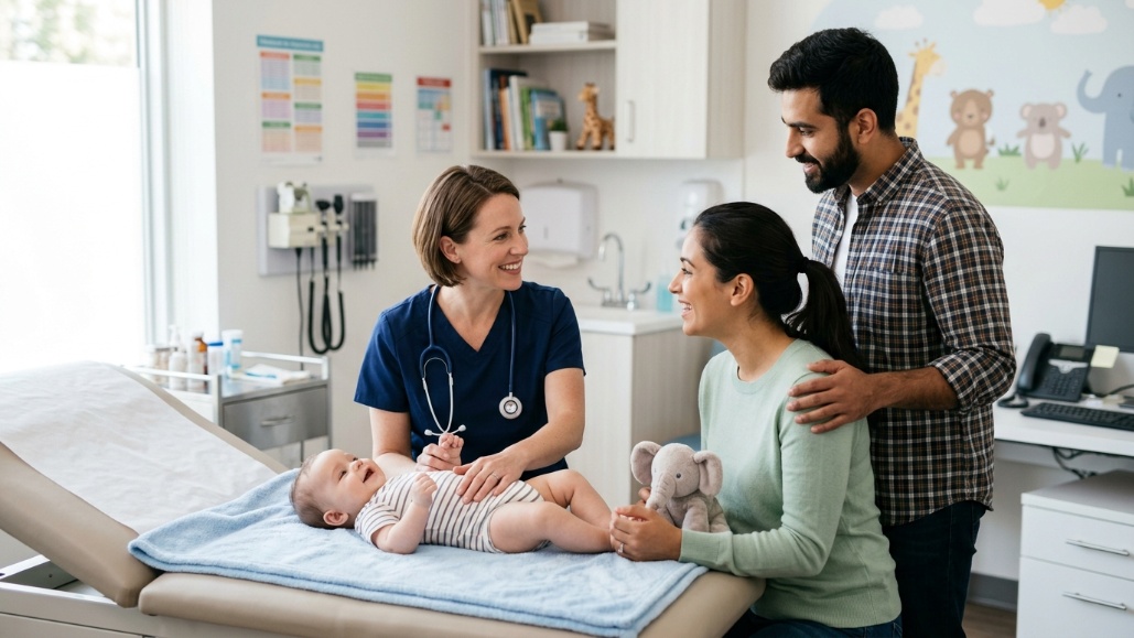  Pediatrician examining a baby with concerned parents.