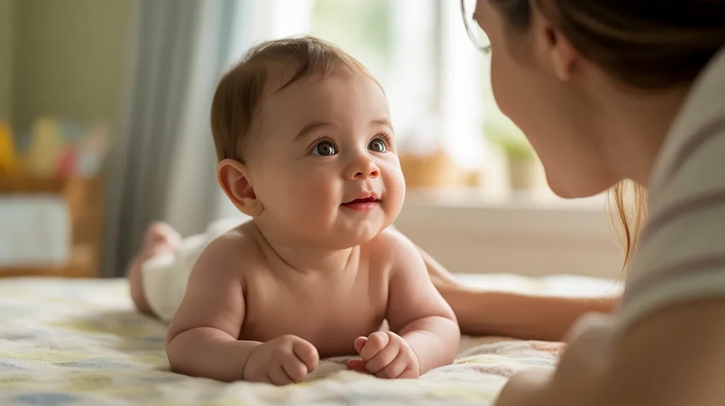 Newborn baby developing a social smile while awake, showing early emotional bonding around 6–8 weeks.