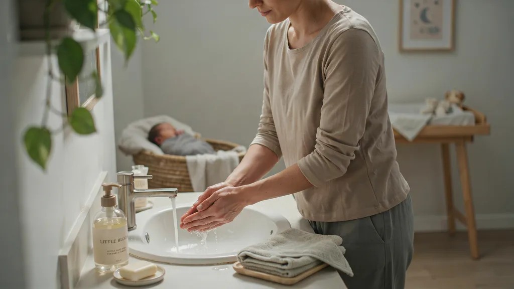 Parent washing hands before safely picking up a newborn baby.