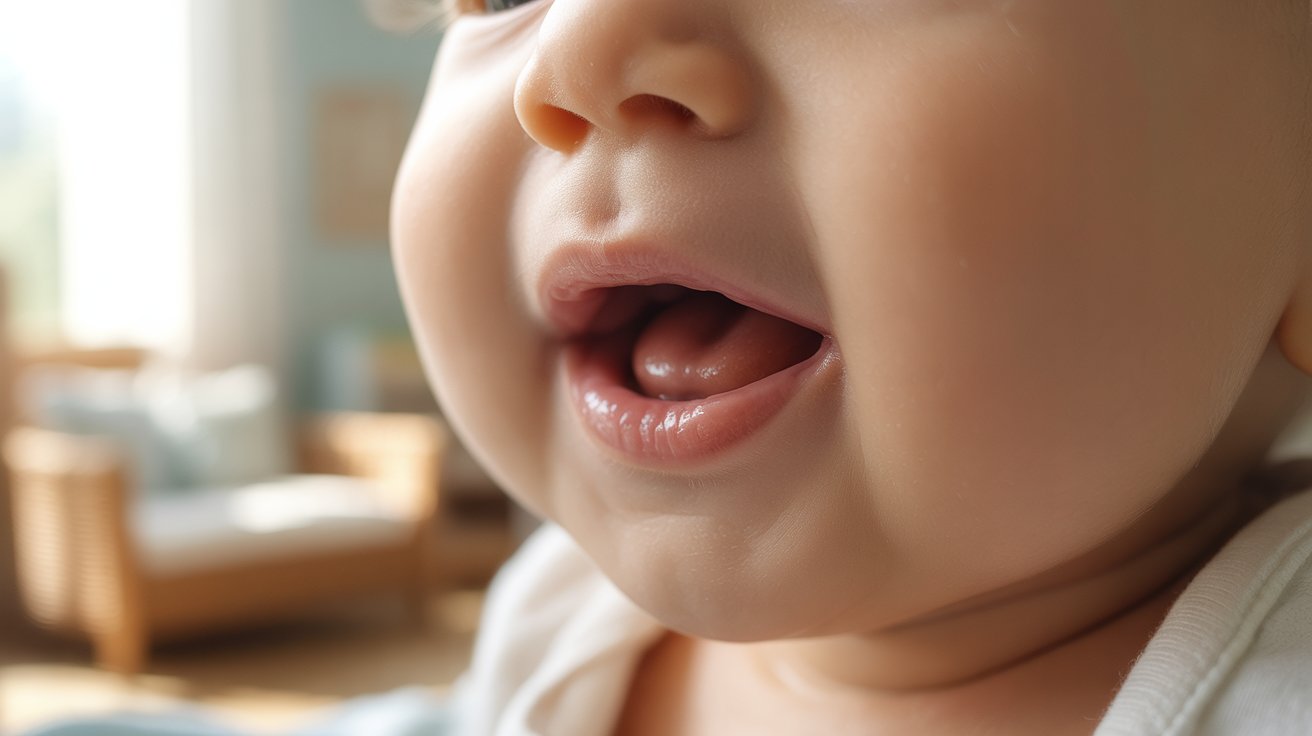 Baby’s healthy pink gums with slight ridges before teeth erupt, soft natural lighting, close-up view.