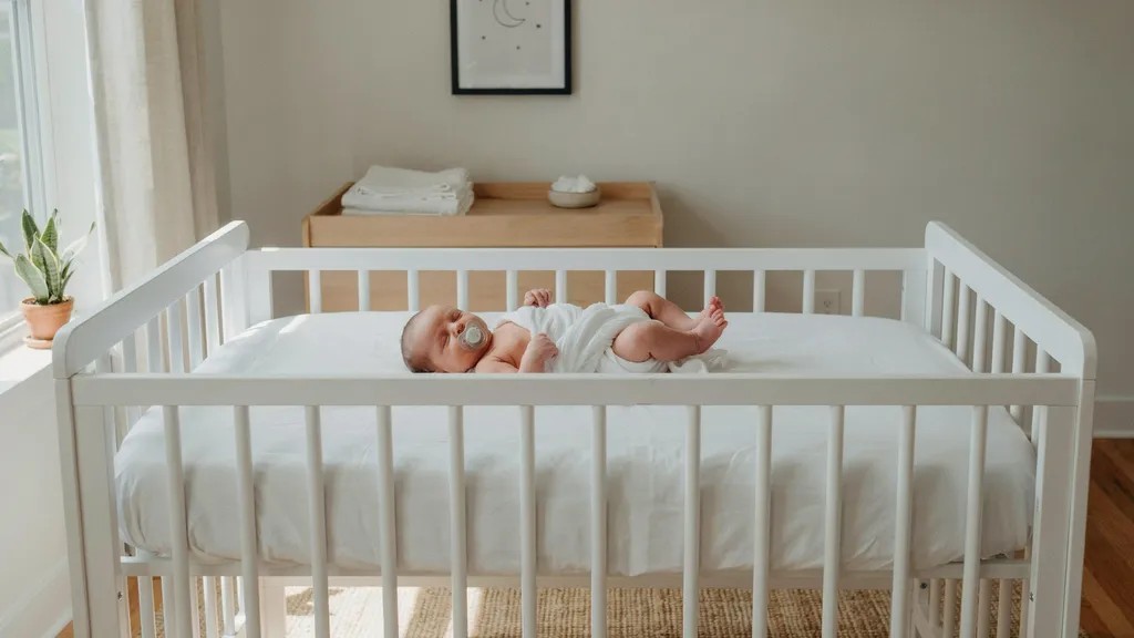 Newborn sleeping safely in a crib with a pacifier during bedtime.