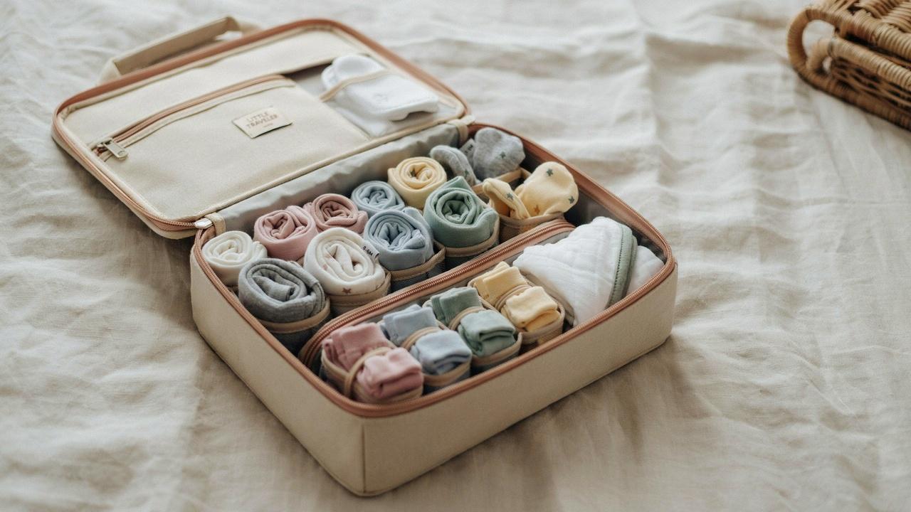 Rolled baby clothes for travel and storage.