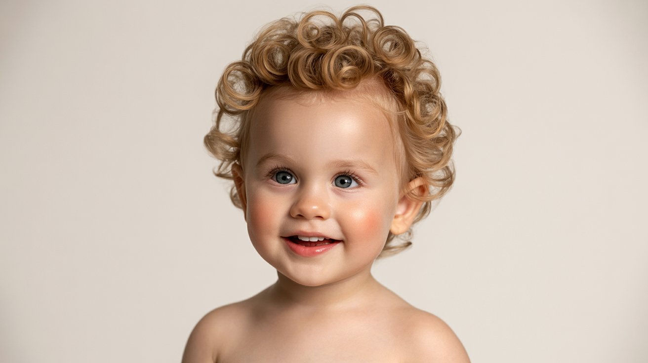 Toddler boy with curly quiff hairstyle.