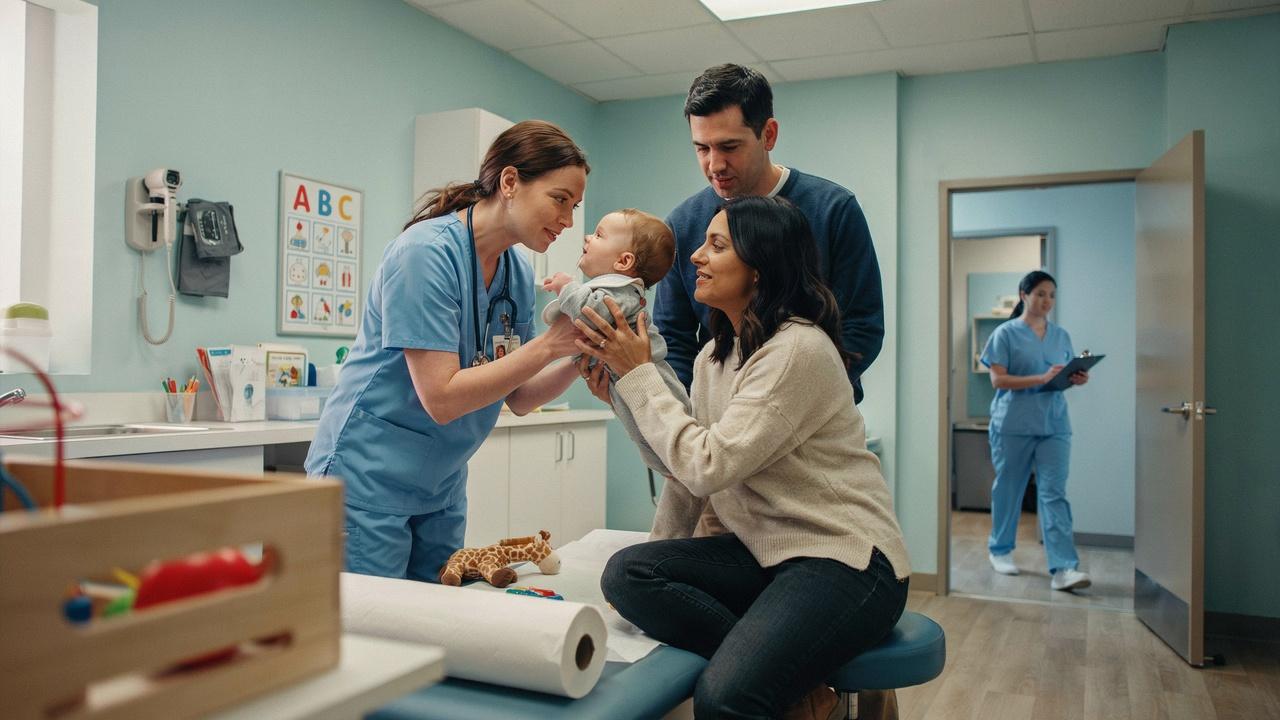 Parents consulting a pediatrician about their baby's drooling.
