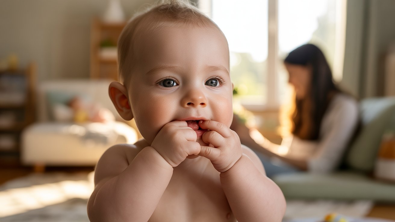 Baby soothing sore teething gums by chewing clean fingers, close-up in soft natural nursery lighting.