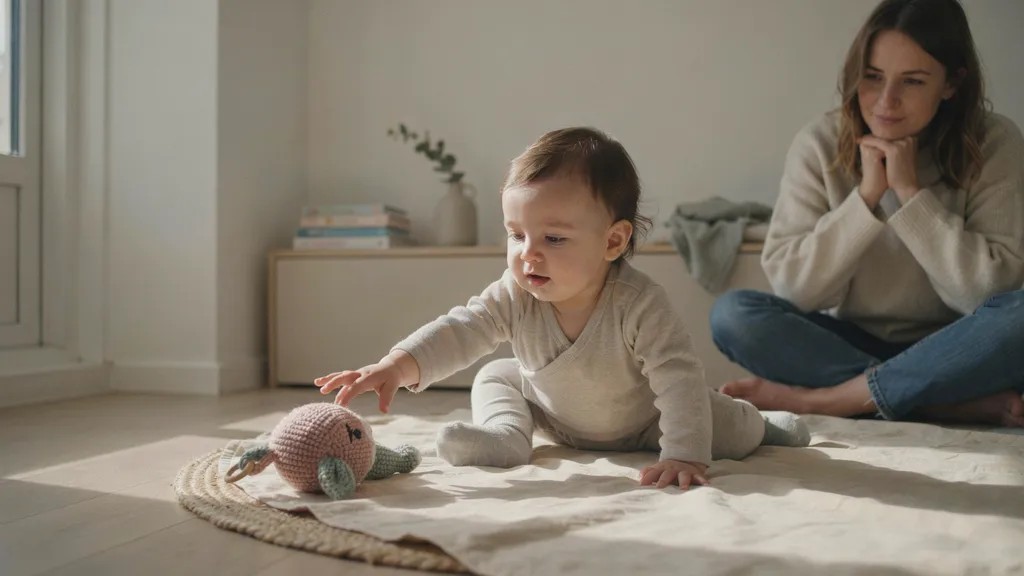 Baby showing interest in a comfort object during playtime.