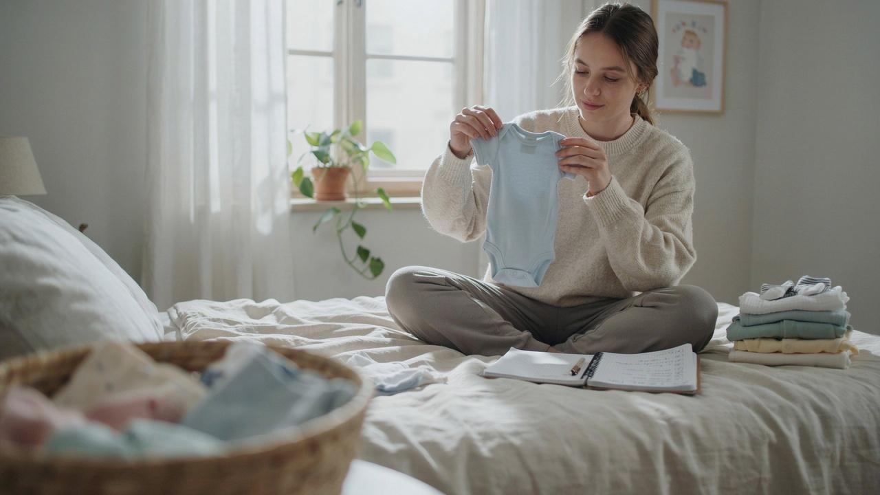 Parent sorting essential baby clothes before the baby's arrival.
