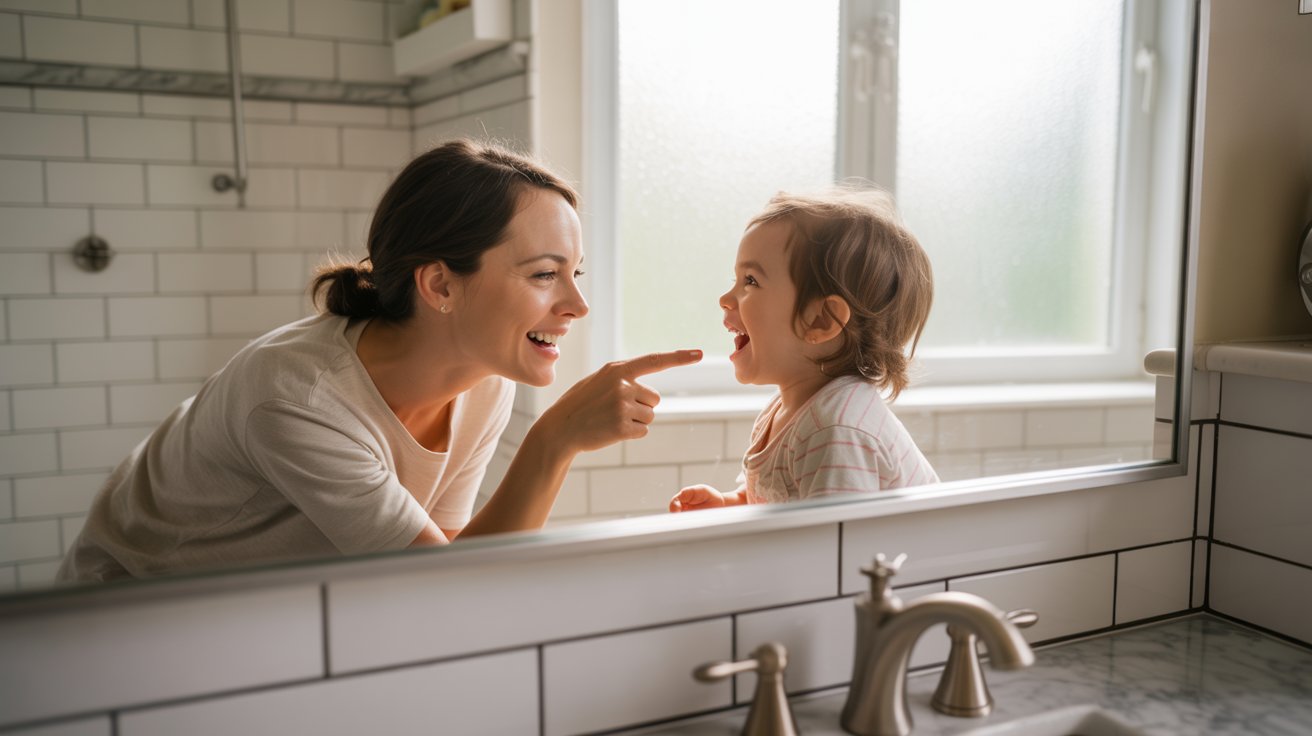 Parent checking a child's newly erupting molars during a daily oral care routine.