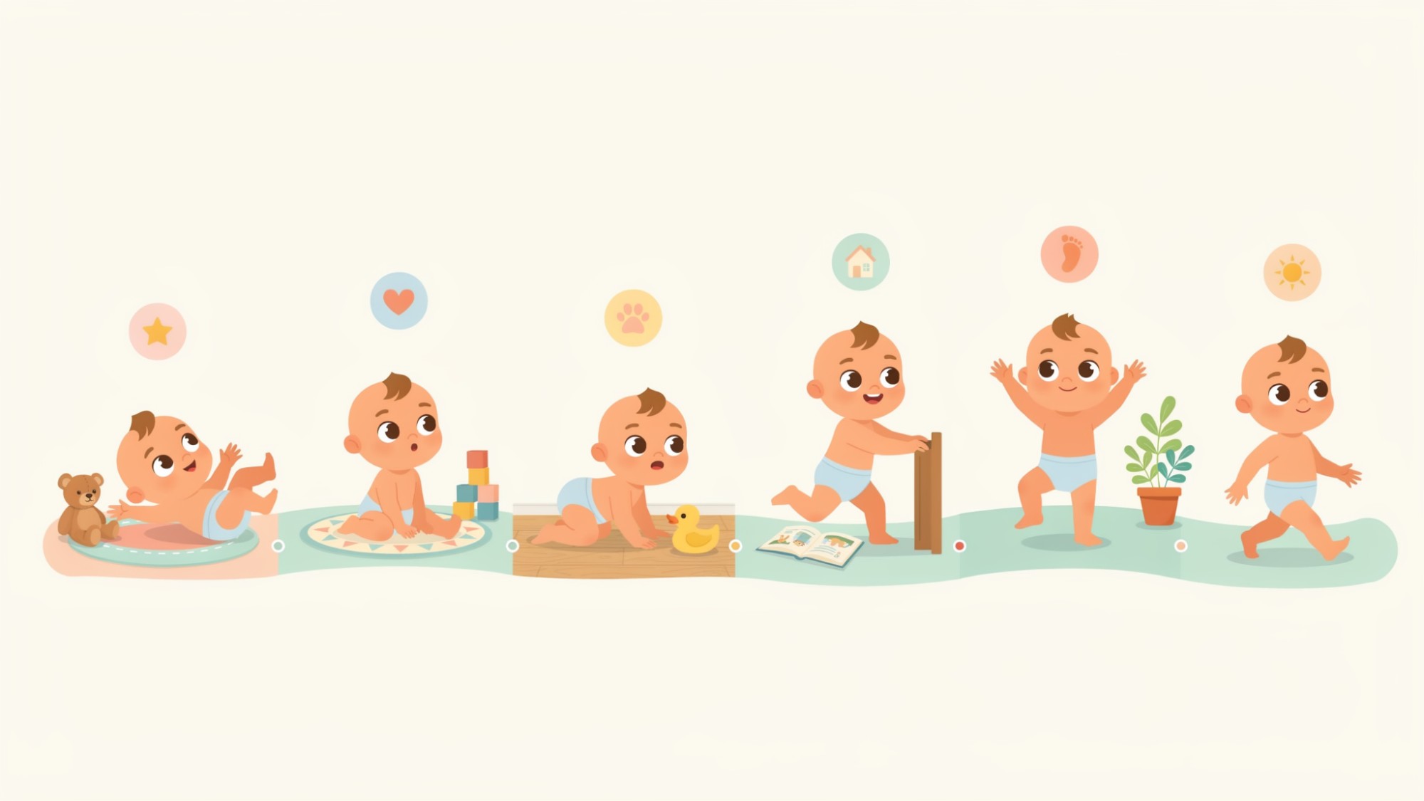 Baby developmental stages showing rolling, sitting, crawling, cruising, and first walking steps in a simple educational timeline for parents to understand.