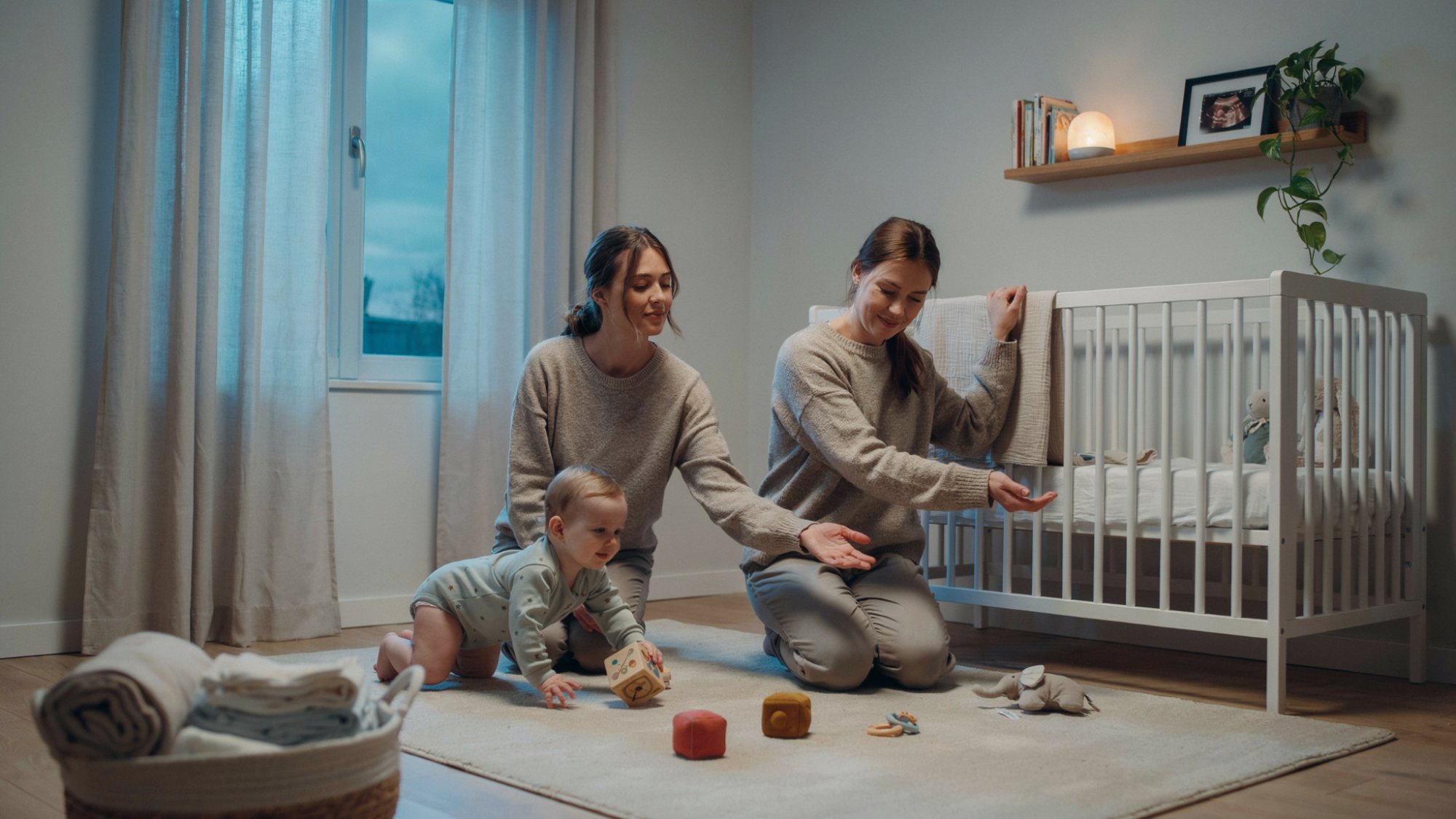 Baby learning to crawl and exploring during the 8–10 month sleep regression stage.