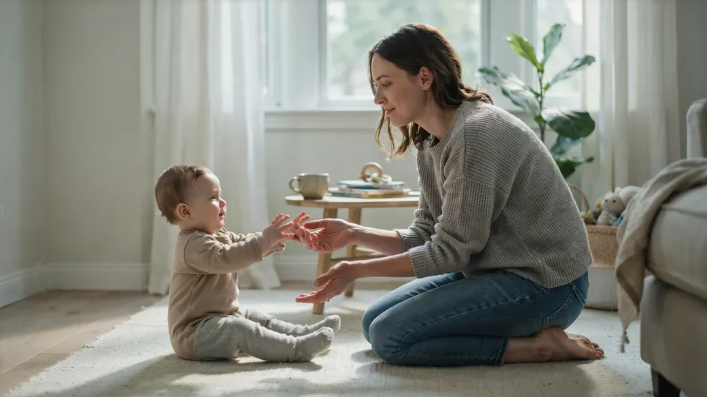 Baby looking at their mother while reaching the age when first words usually appear.