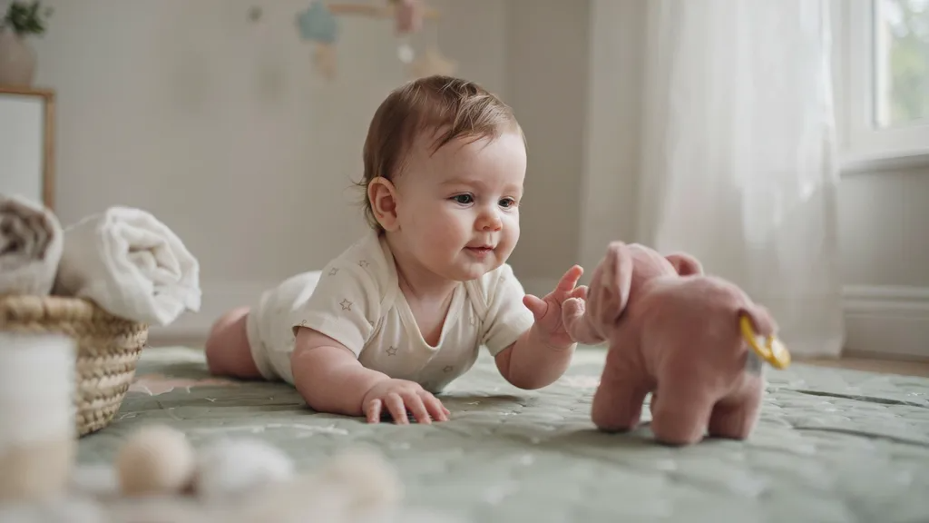 Baby reaching for and grasping a toy, showing the development of intentional hand coordination around 3–6 months.