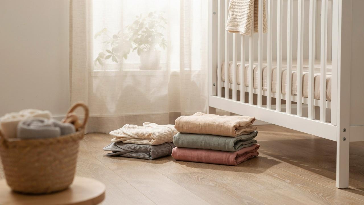 Baby swaddles and wearable blankets beside a crib.