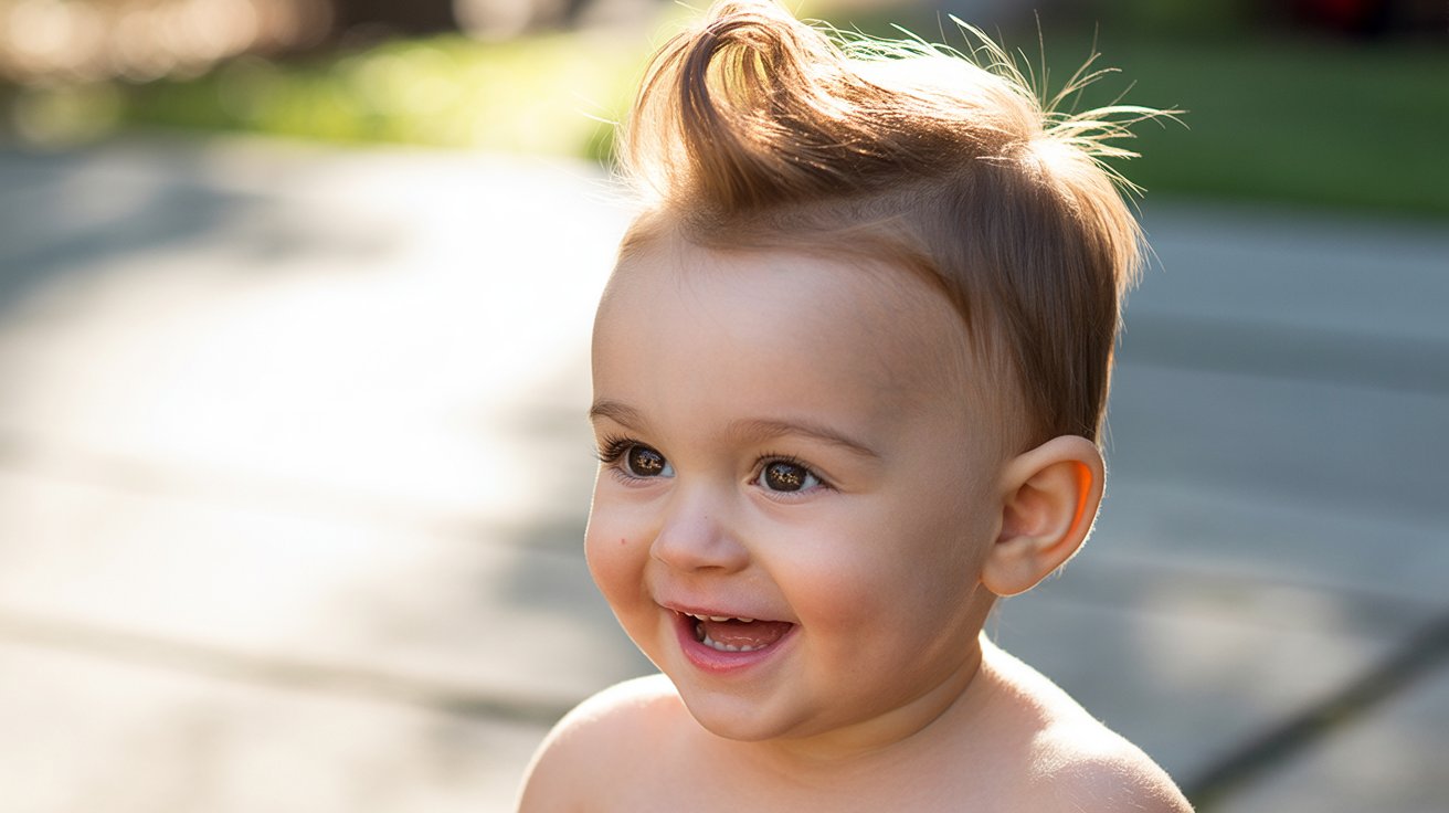 Toddler boy with a faux hawk fade haircut.
