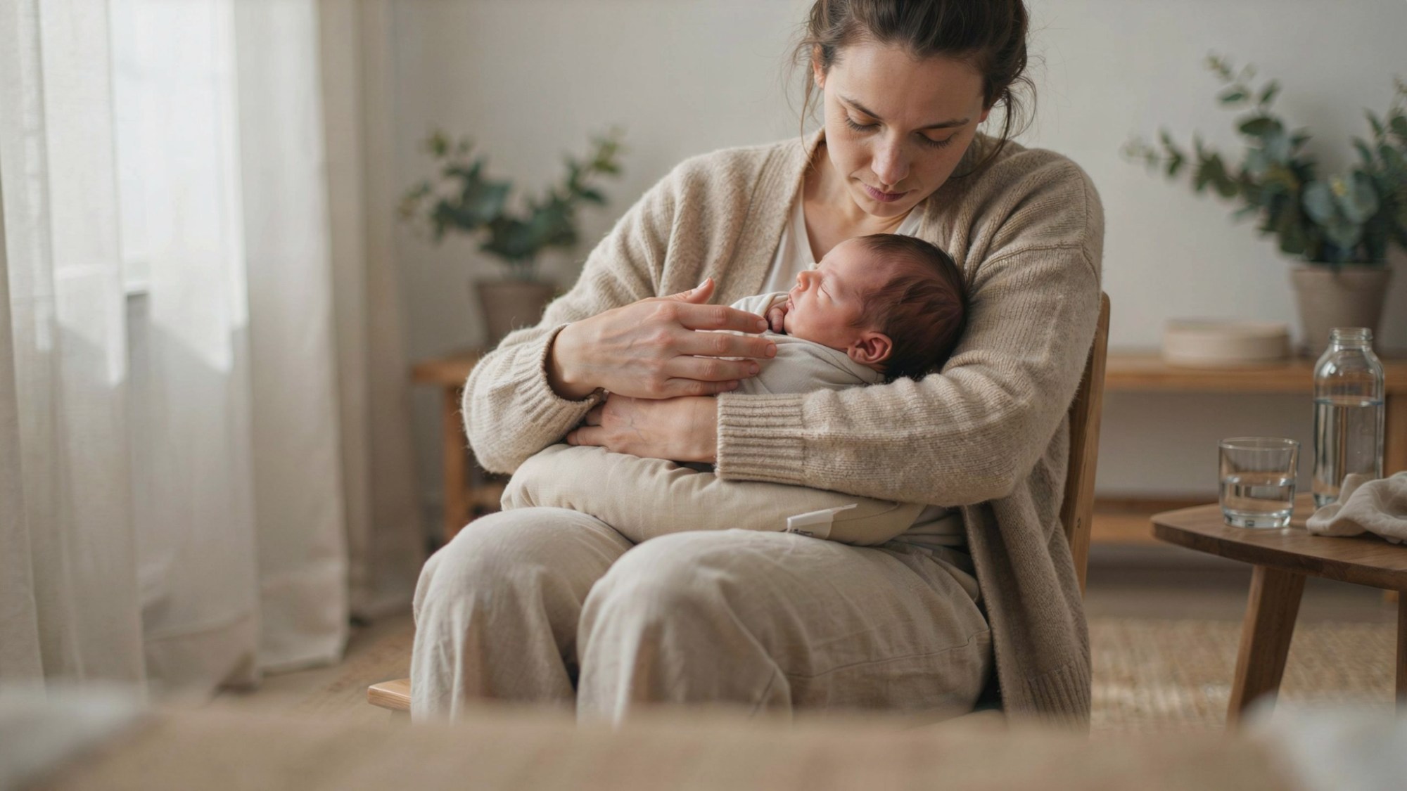 Parent using cross-cradle hold to support newborn during feeding.
