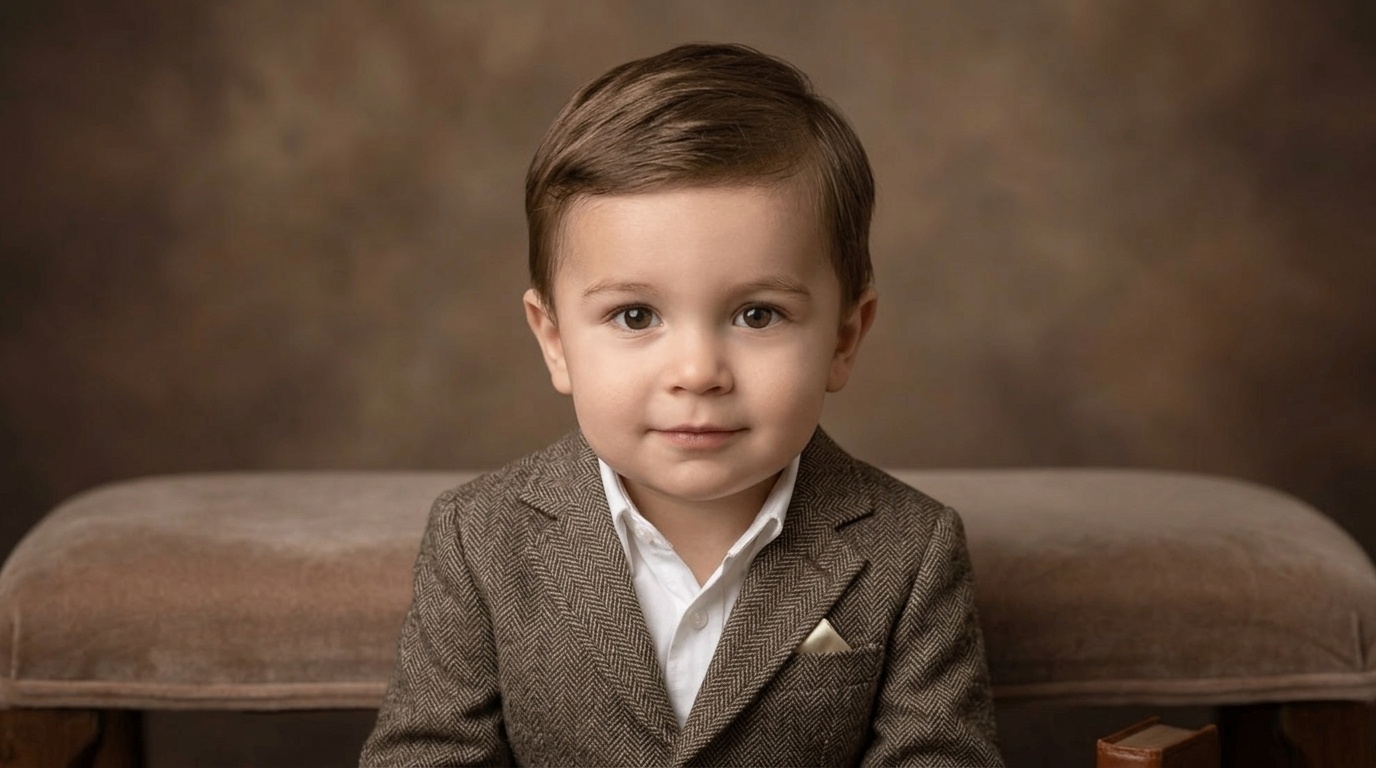 Toddler boy with a classic side part haircut.