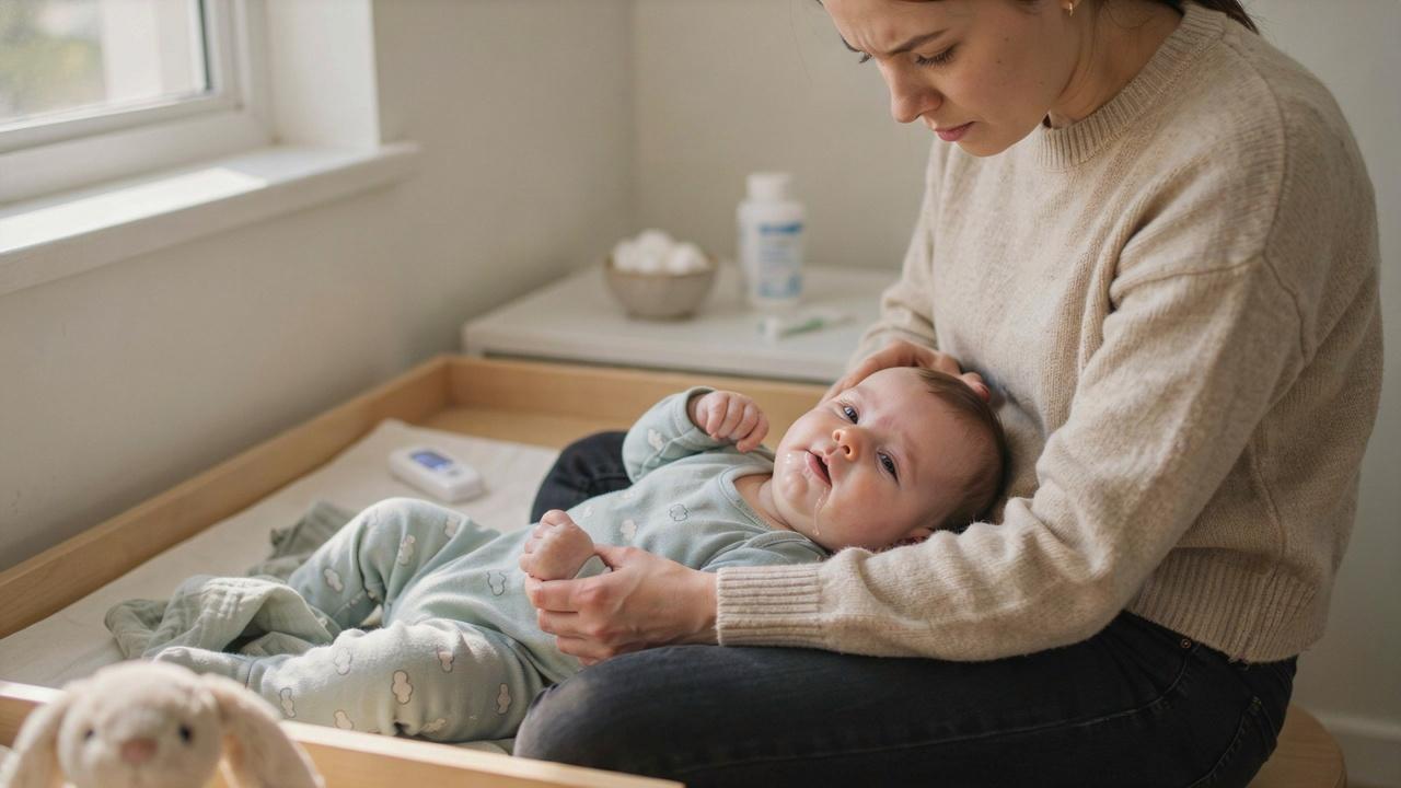 Parent checking a drooling baby's temperature while monitoring symptoms.