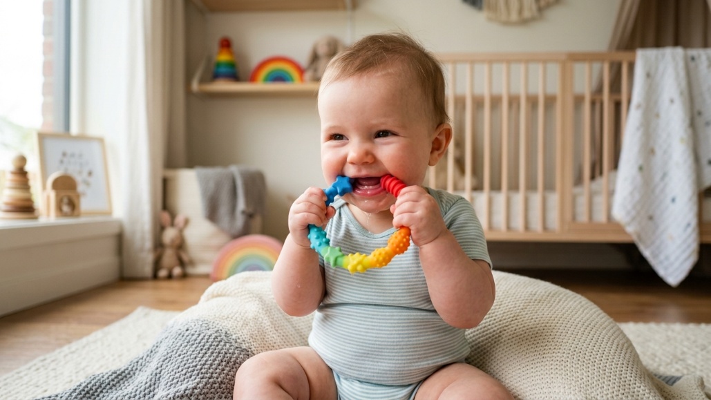Baby showing common signs of teething while chewing a teething toy.