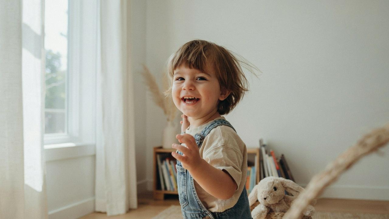 Toddler boy with textured fringe haircut.