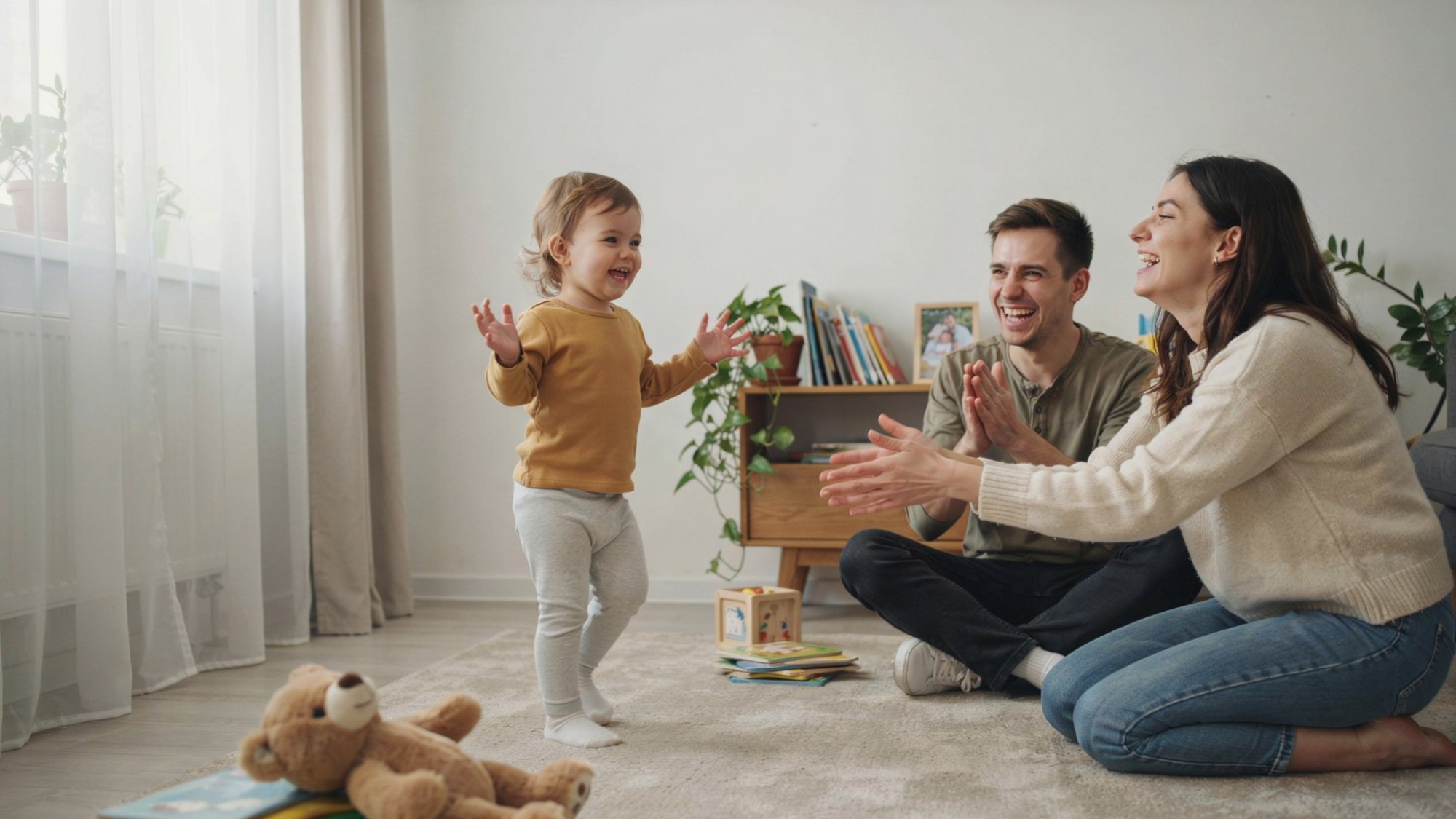 Happy baby taking first independent steps toward smiling parents in a bright living room, celebrating an exciting developmental milestone with confidence and joy.