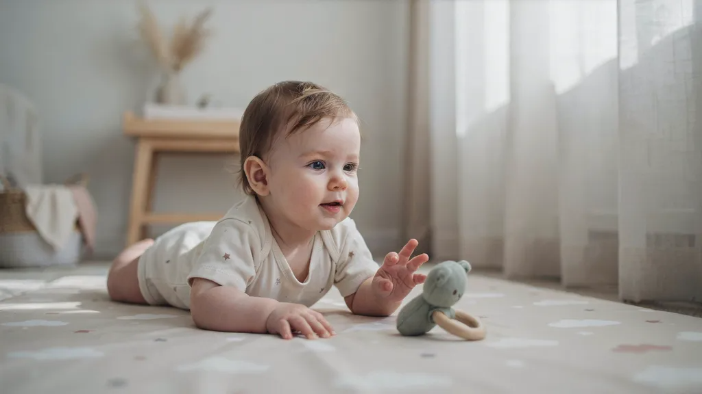 Baby reaching toward a toy while showing normal variation in early grasp development around 3–6 months.